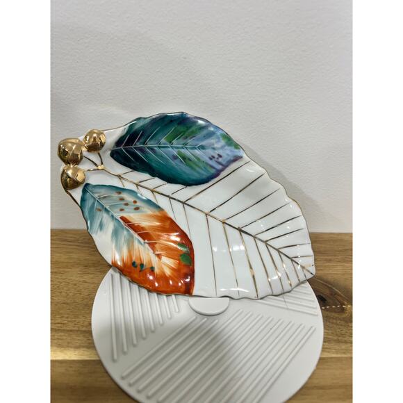 Vintage Hand Painted Leaf Style Trinket Dish Made in Japan Gold Turquoise - Picture 1 of 6